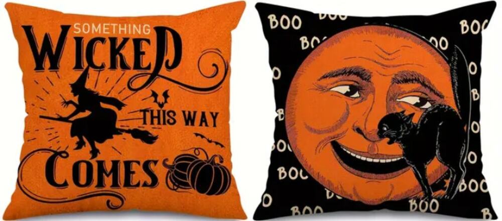2 Retro Halloween Pillowcase Cover Only 18x18 Orange Moon Witch Cat Mid Century